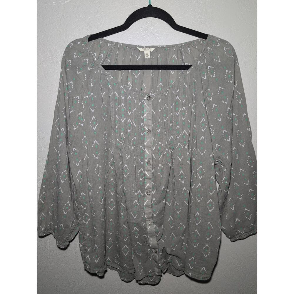 Grey Cotton Button Up Blouse Top Casual Boho Western Geometric Peasant XL